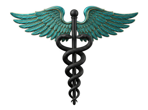 Caduceus symbol with teal wings and black snakes on a staff isolated on transparent background