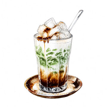 Watercolor sketch illustration of a glass of Indonesian iced cendol dessert