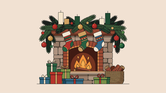 Decorative stone fireplace vector illustration featuring christmas stockings and wrapped gifts for the holiday festive season
