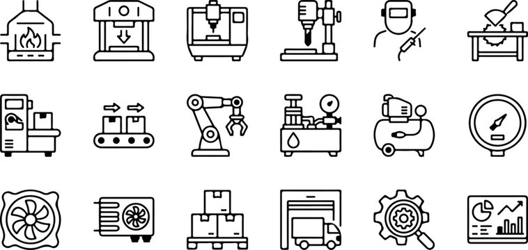 Set of industrial manufacturing and factory equipment line icons, including machinery, tools, logistics, and production process symbols