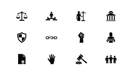 Fototapeta premium Collection of icons representing justice equality and civic participation in a formal setting with Set black white icons