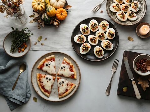 Spooky halloween party snacks featuring ghost pizza deviled eggs and decorative mini pumpkins on festive table setting.