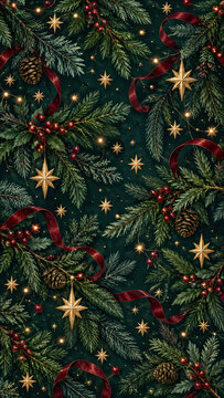 Seamless dark green pattern with fir ribbons and stars