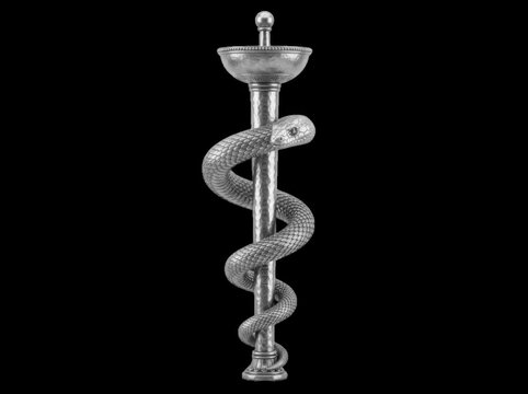 Rod of asclepius symbol featuring a snake coiled around a staff with a bowl on top, medical emblem