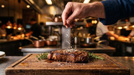 Fototapeta premium Chef hand sprinkling coarse sea salt over a perfectly seared beef steak on a wooden board, depicting gourmet steakhouse cooking, culinary precision, and fine dining meat preparation