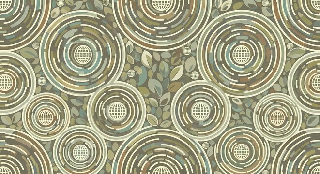 Abstract botanical seamless pattern with muted green concentric circles and stylized leaves.