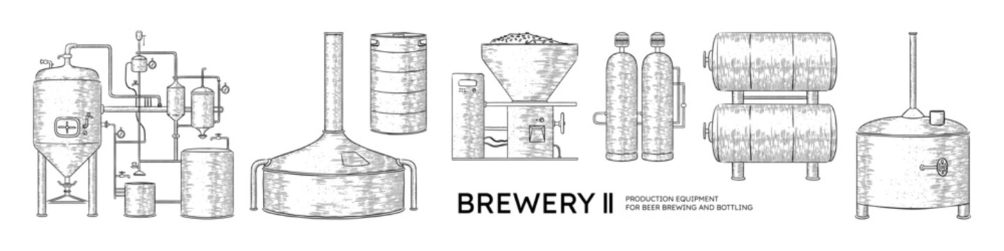 Beer engrave. Distillery still tank etch, whiskey or gin machine process. Whisky alcohol, ink woodcut. Technical industrial containers, fermenters, filters. Vector hand drawn illustration
