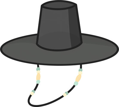 Traditional Korean black hat Gat with beaded strap vector illustration, Joseon Dynasty noble hat icon
