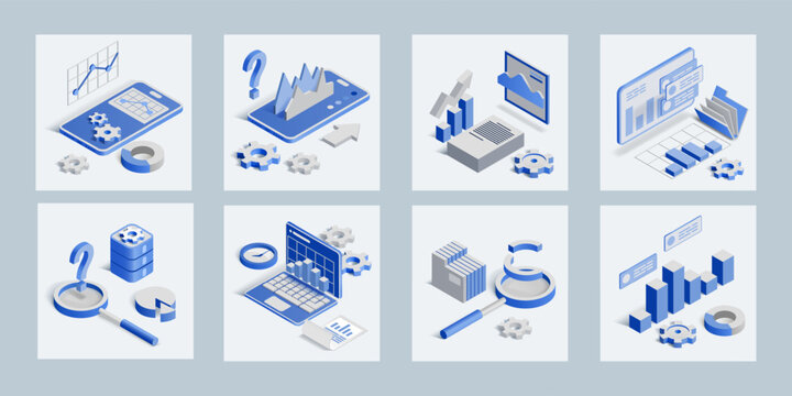 3d data icons. Finance research analysis, graph chart for business analytics. Big statistic dashboard, financial diagram. Database charts, isometric isolated elements. Square cards vector design