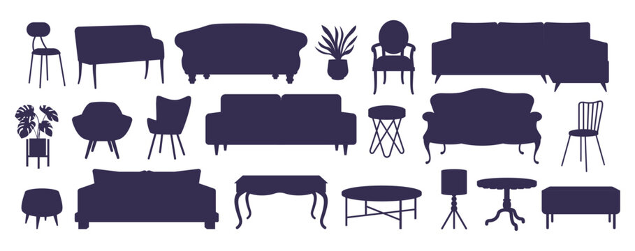 Lounge room interior. Chair, couch for interior design, sofa, modern bed objects for black home bedroom. Tables, plants and lighting icons. Black silhouette. Vector isolated furniture set