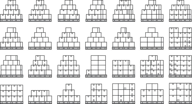Stacked Cardboard Box Icon Set Featuring Pallet Cargo Loads and Warehouse Goods Storage Symbols for Shipping and Logistics Industry Graphic Designs