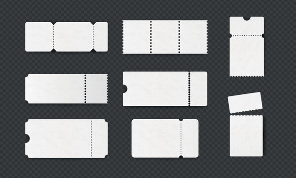 Paper ticket. 3d coupon, voucher or cinema vintage sticker as travel or movie mockup, blank discount tag frame. Minimal voucher with perforation lines template, Vector lottery shapes