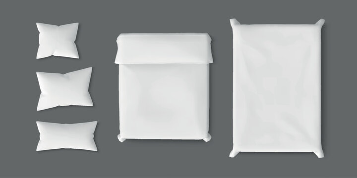 3d pillow. Bed cushion mockup, white sofa sheet or bolster stack side view. Square pile case, silk or cotton interior top view set. Interior product presentation. Vector isolated set
