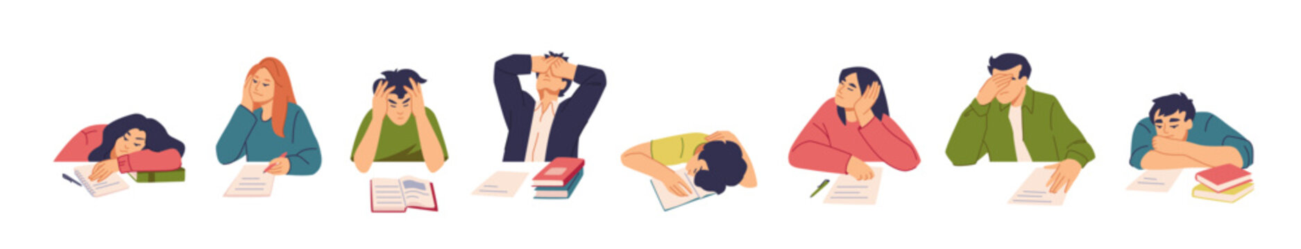 Tired students. Sleep at study on desk, bored lazy girl at homework. Man work hard, child or kid in teenage class. Women studying with books and notebooks. Vector cartoon isolated set