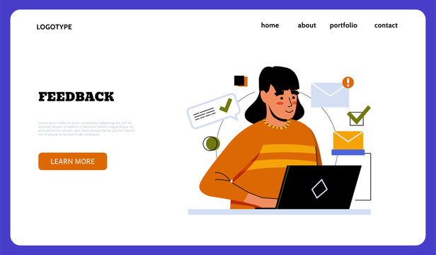 Feedback web page banner. Woman working on laptop, message and check icons, customer support communication, landing page template. Customer service. Vector cartoon isolated illustration