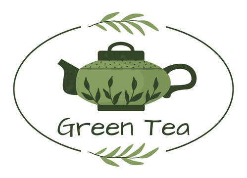 Green teapot logo. Minimal label, teapot and leaves, herbal beverage branding, natural ingredient, cafe identity and packaged tea aroma product design. Vector cartoon isolated illustration