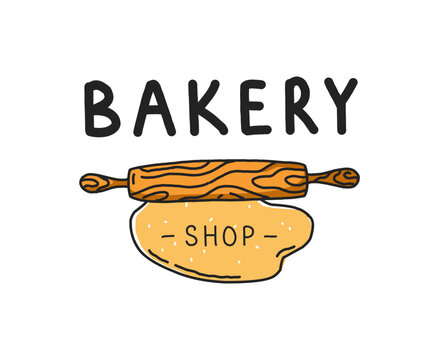 Bakery shop logo. Hand drawn rolling pin and dough badge, baking business identity logotype, fresh bread production, pastry retail and kitchen branding. Vector cartoon isolated illustration