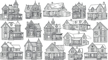 Obraz premium Vintage Victorian House and Historic Mansion Line Art Set with Traditional Architecture Suburban Cottages and Residential Estate Vector Illustrations