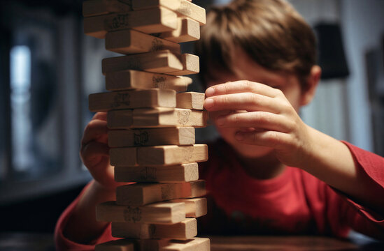 Child carefully removing a wooden block from a jenga tower game