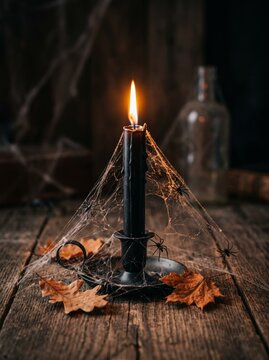 Burning black candle surrounded by spider webs, spiders and autumn leaves creating a mysterious Halloween atmosphere.