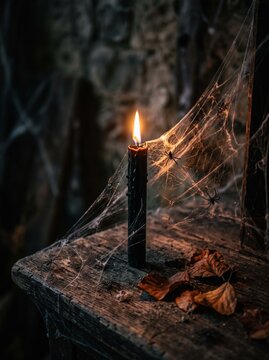 Burning black candle surrounded by spider webs, spiders and autumn leaves creating a mysterious Halloween atmosphere.