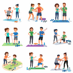 Fototapeta premium Set of vector illustrations featuring personal trainers coaching clients during various fitness exercises including squats, lunges, and resistance band training in a gym setting.