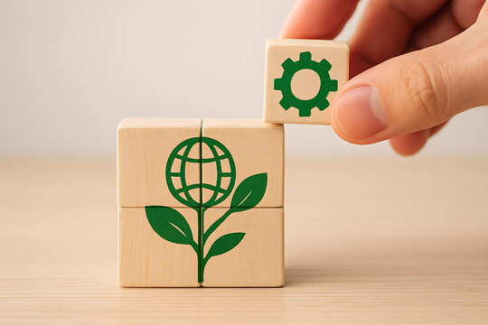 Wooden Blocks With Globe Flower And Gear Symbol Environmental Concept Illustration