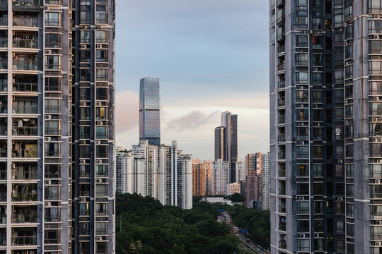 City View With Tall Buildings and Skyline at Sunset