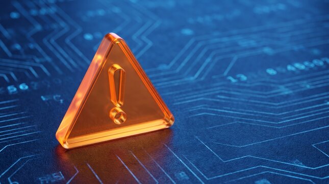 Cyber security threat concept: 3D glowing orange warning triangle alert sign on a blue digital circuit board background representing system error, malware detection, or data breach.