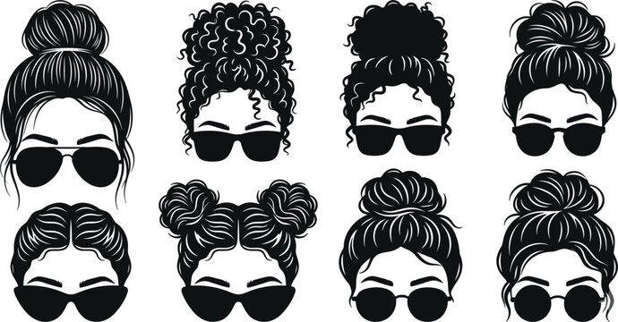 Vector messy bun hair and sunglasses avatar glyph icon set containing woman face head curly hairstyle silhouette collection