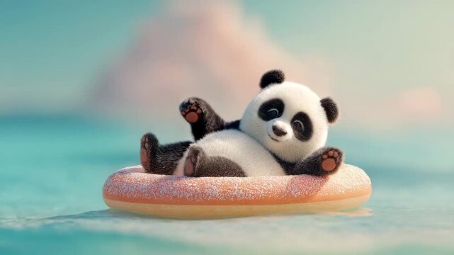 Panda floating carefree on coral float, sun-sparked clean water, pastel glints, smooth summer vibe