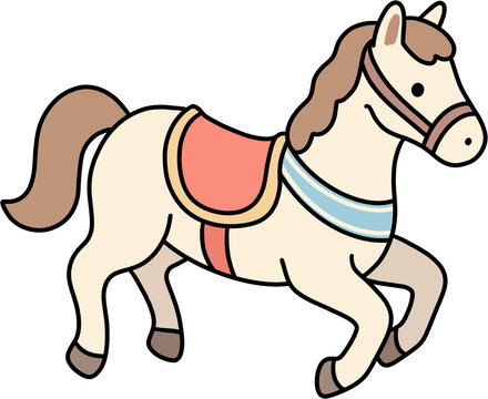 Cute white horse with saddle vector illustration, trotting pony icon