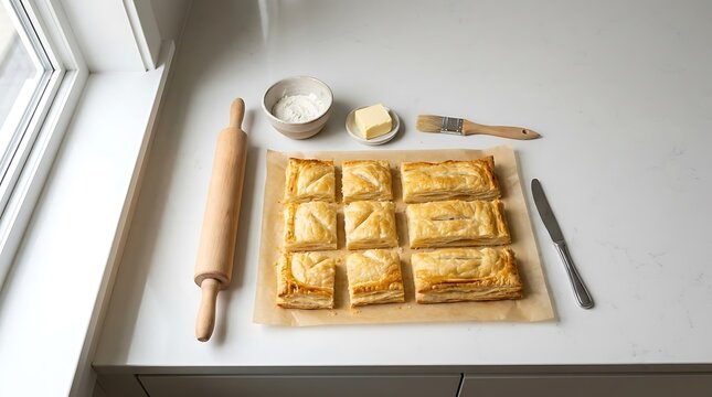 Raw square dough pastries arranged on a wooden board with a rolling pin and baking tools in kitchen