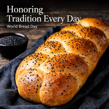 Poster for World Bread Day with Honoring Tradition Every Day slogan and a sesame-topped braided challah on dark cloth.