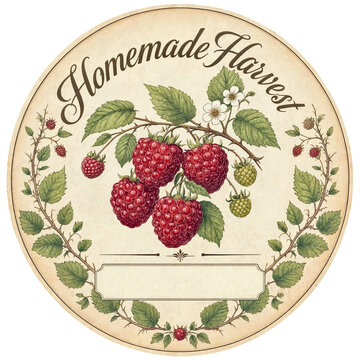 Round vintage raspberry label illustration with Homemade Harvest script and botanical branch border. Jar label and homemade preserve sticker design concept.