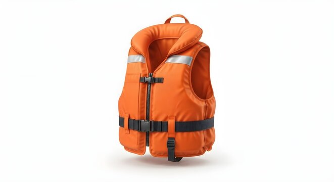Bright orange life jacket isolated on a white background, representing water safety, rescue equipment, flotation, boating, and outdoor adventure.