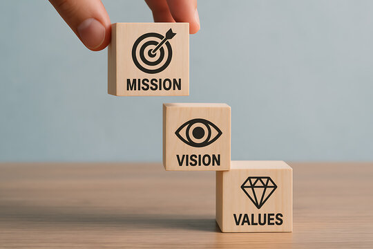 Wooden blocks with target eye and diamond icons representing mission vision values