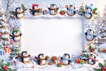 Fototapeta premium Penguins wearing winter attire hold colorful gifts in a festive setting. The background is white with a simple design. This scene captures the joy of the Christmas season