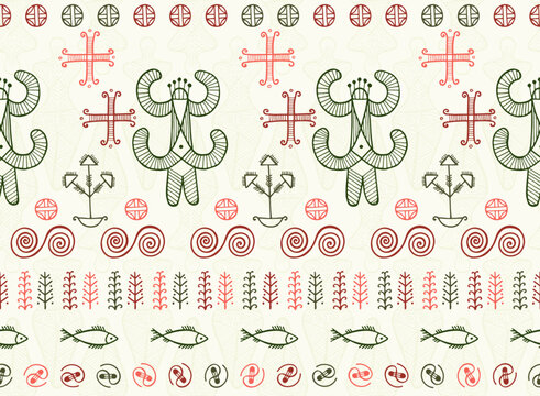 Slavic woman copper age symbol endless pattern. Beautiful trypillia culture tribal vector. Ancient slavic mythology mother goddess silhouette. Female figure sketch.
