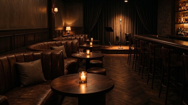 Atmospheric empty vintage jazz bar lounge featuring plush leather booth seating, candlelight tables, and a illuminated stage microphone, representing nightlife venue and speakeasy ambiance