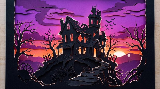 Haunted house spooky paper cut halloween background at sunset