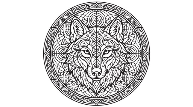 Intricate wolf mandala vector illustration, ornate animal head coloring page, geometric tribal wolf head art for adult coloring books