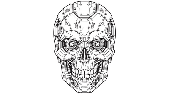 Cybernetic robot skull vector illustration, futuristic mechanical cyborg head line art, sci-fi metallic skull coloring page