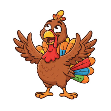Happy Cartoon Turkey Character Standing with Open Wings Isolated on White