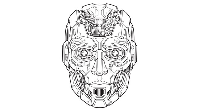 Robot face line art set. three mechanical head sketches, futuristic cybernetic mask icon. detailed android outline, technological android design for branding
