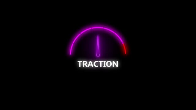 Futuristic Neon Glowing TRACTION Gauge Speedometer Interface Loop, High Performance Fuel Meter, Power Level Dashboard HUD Graphic Animation Isolated on Black Background for Technology and Gaming