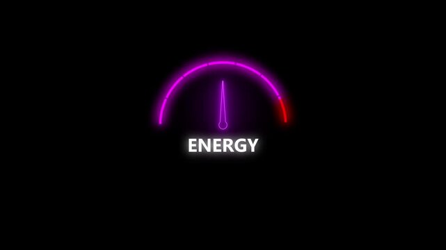 Futuristic Neon Glowing Energy Gauge Speedometer Interface Loop, High Performance Fuel Meter, Power Level Dashboard HUD Graphic Animation Isolated on Black Background for Technology and Gaming