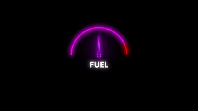 Futuristic Neon Fuel Gauge Speedometer Interface Loop, Glowing Purple Energy Meter, High Performance Level Dashboard HUD Graphic Animation Isolated on Black Background for Tech and Cyber UI