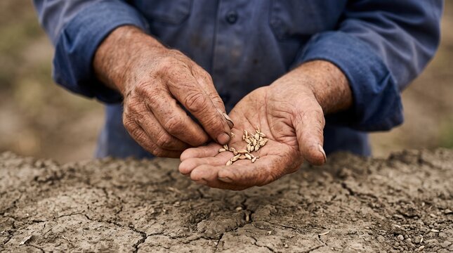 Close up of senior farmer weathered hands holding dry wheat grains over parched earth, depicting agricultural drought impact, crop loss, and farming hardship