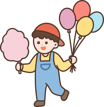 Cute boy holding cotton candy and balloons vector illustration, happy child at amusement park icon